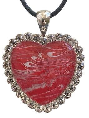 Hand Crafted Necklace Red and Silver Heart Fluid Art Pendant by Svetlana Yeung